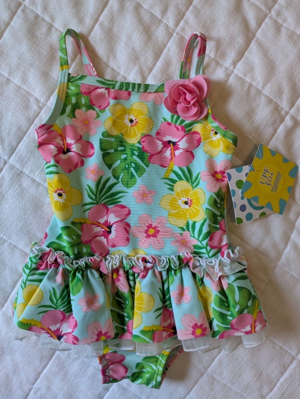 NWT Little Me Floral Ruffle Swimsuit with Pink Flower Accent